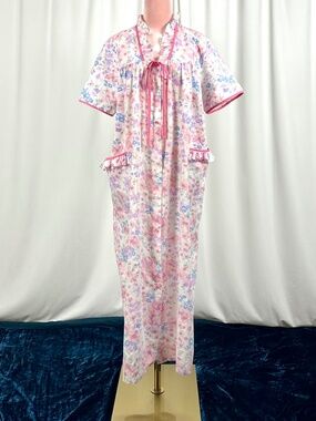 Vintage Floral House Dress Hamilton Canada Ruffle Trim Tie Neck Large